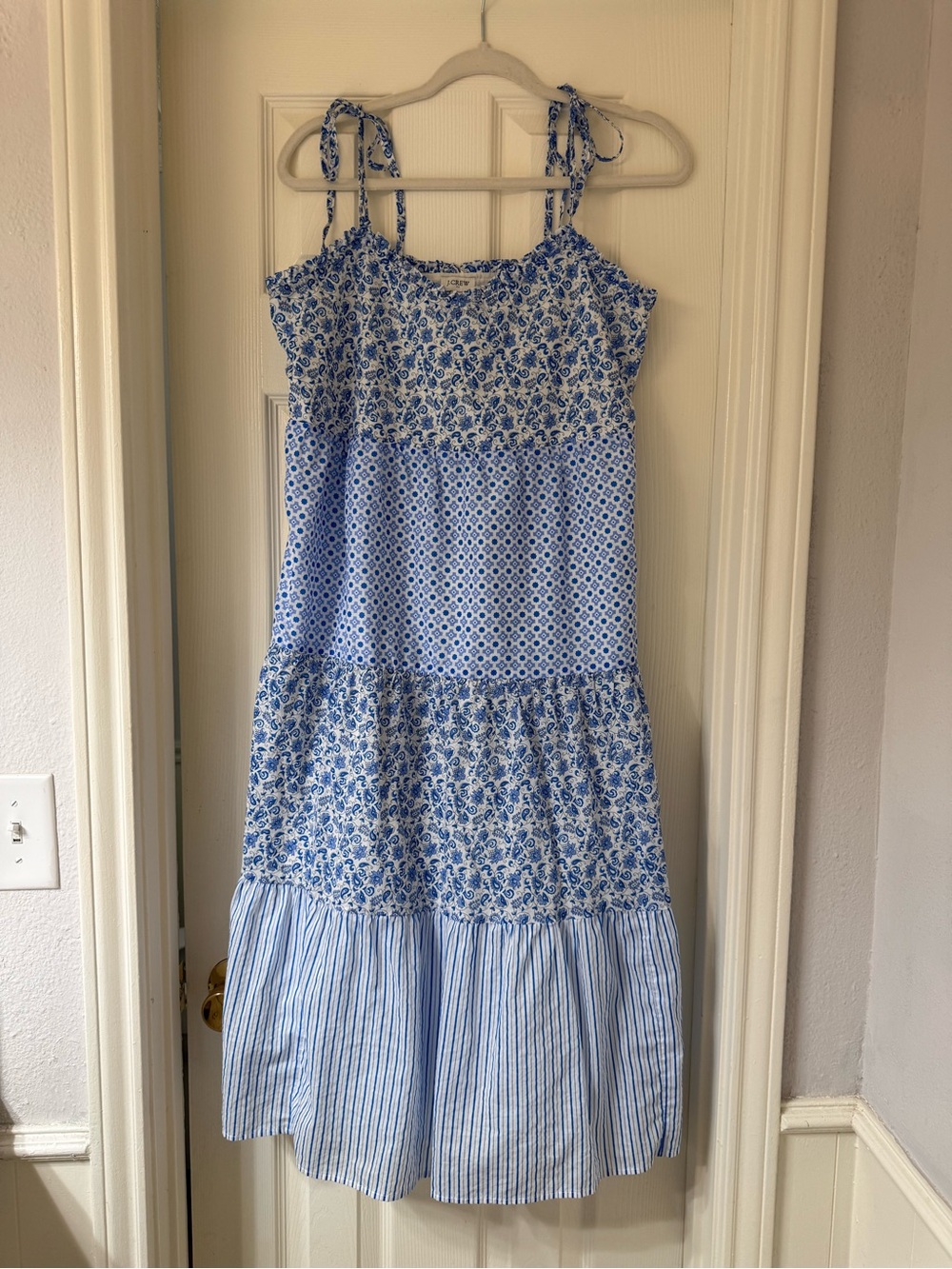 J. Crew Blue & White Mixed-Print Tie-Shoulder Tiered Sundress